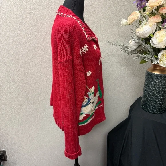 Tiara Intl Red Snowman Zip Cardigan Sweater M Holiday Christmas Knit - Picture 4 of 7